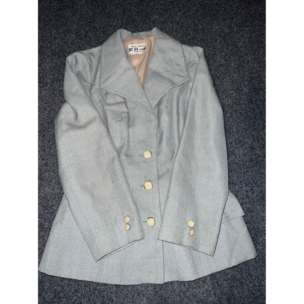 Dress Maker Vintage Light Blue Woven Blazer Jacket Square Buttons Tailored